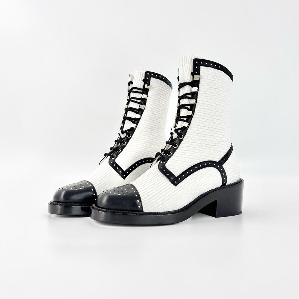 NIB Chanel CC Velvet and Lambskin White Black Platform Lace Up Ankle Boots 38.5